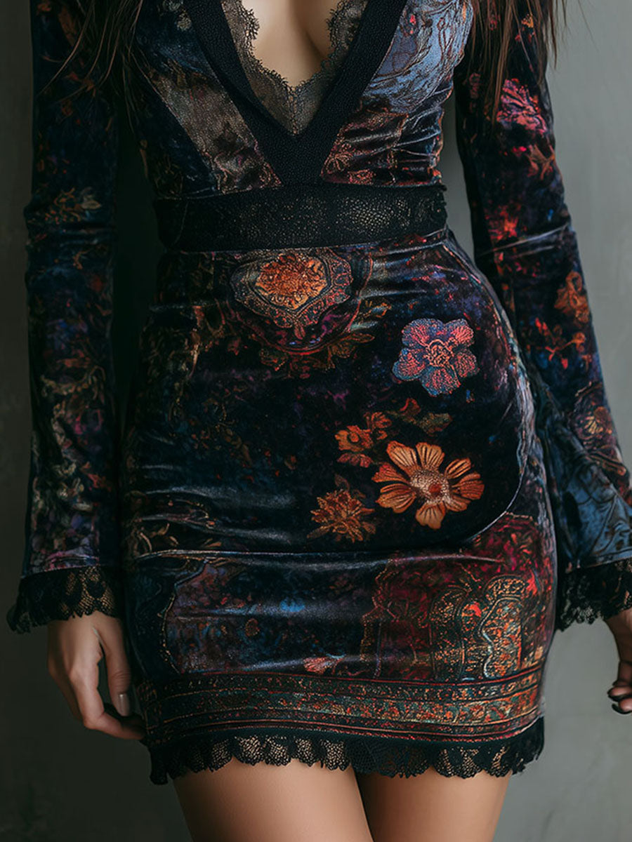 Cristina | Vestido Mini Mujer Terciopelo Floral Encaje