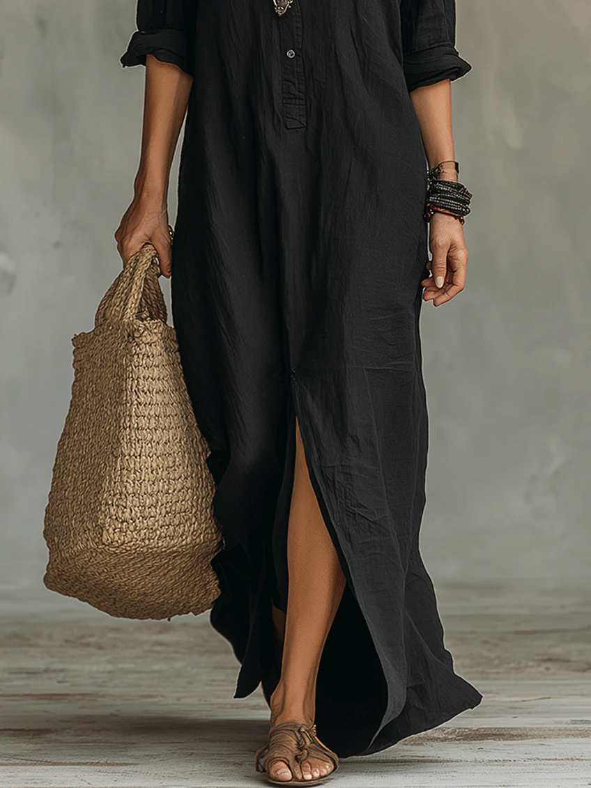 Elena | Vestido Midi Mujer Negro Camisero Maxi