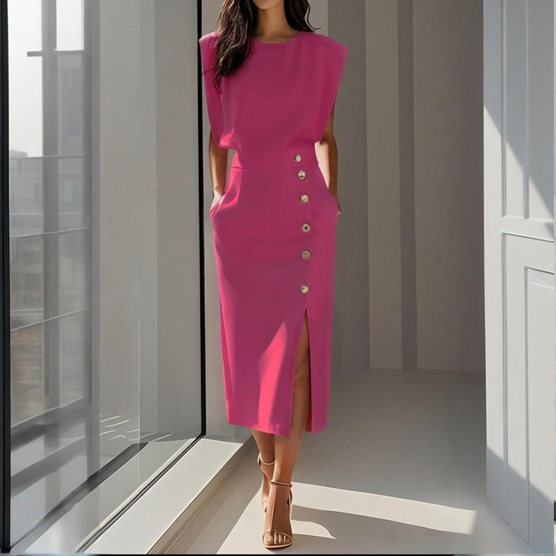 Gloria | Vestido Midi Blanco Mujer Hombreras Botones