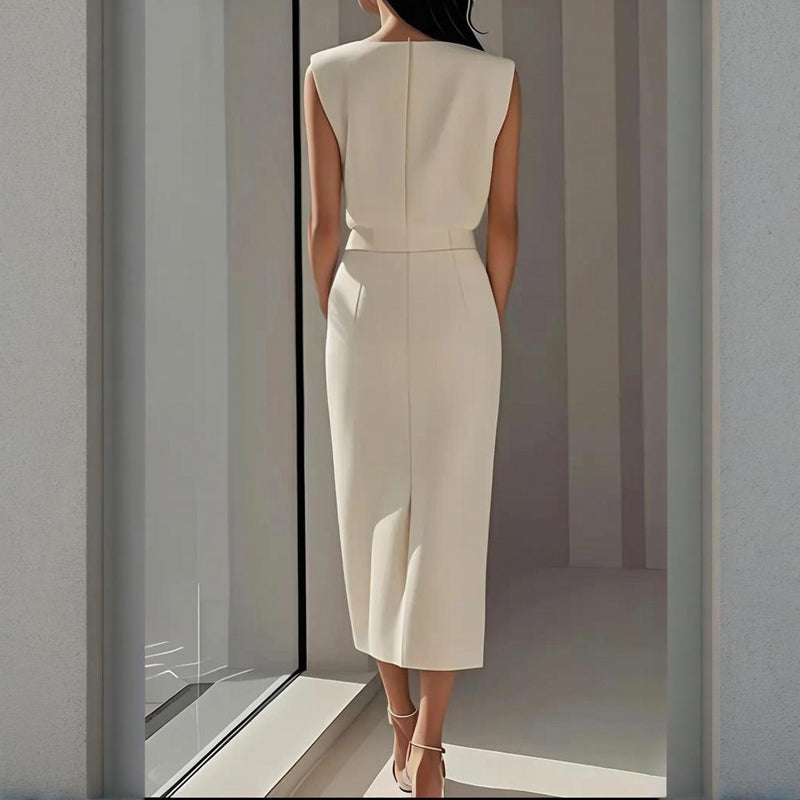 Gloria | Vestido Midi Blanco Mujer Hombreras Botones