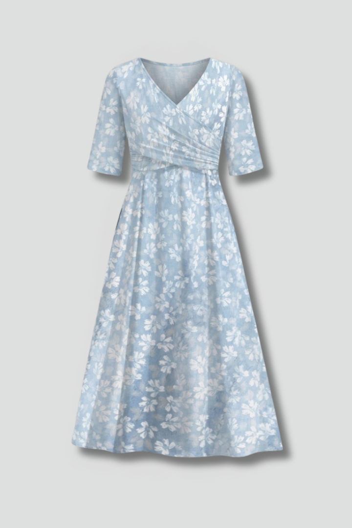 María | Vestido Midi Mujer Floral Azul Cruzado