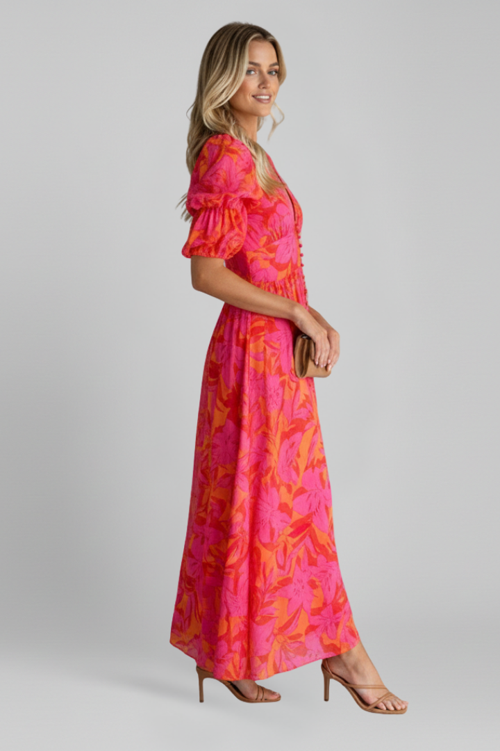 Marta | Vestido Midi Floral Mujer Manga Corta