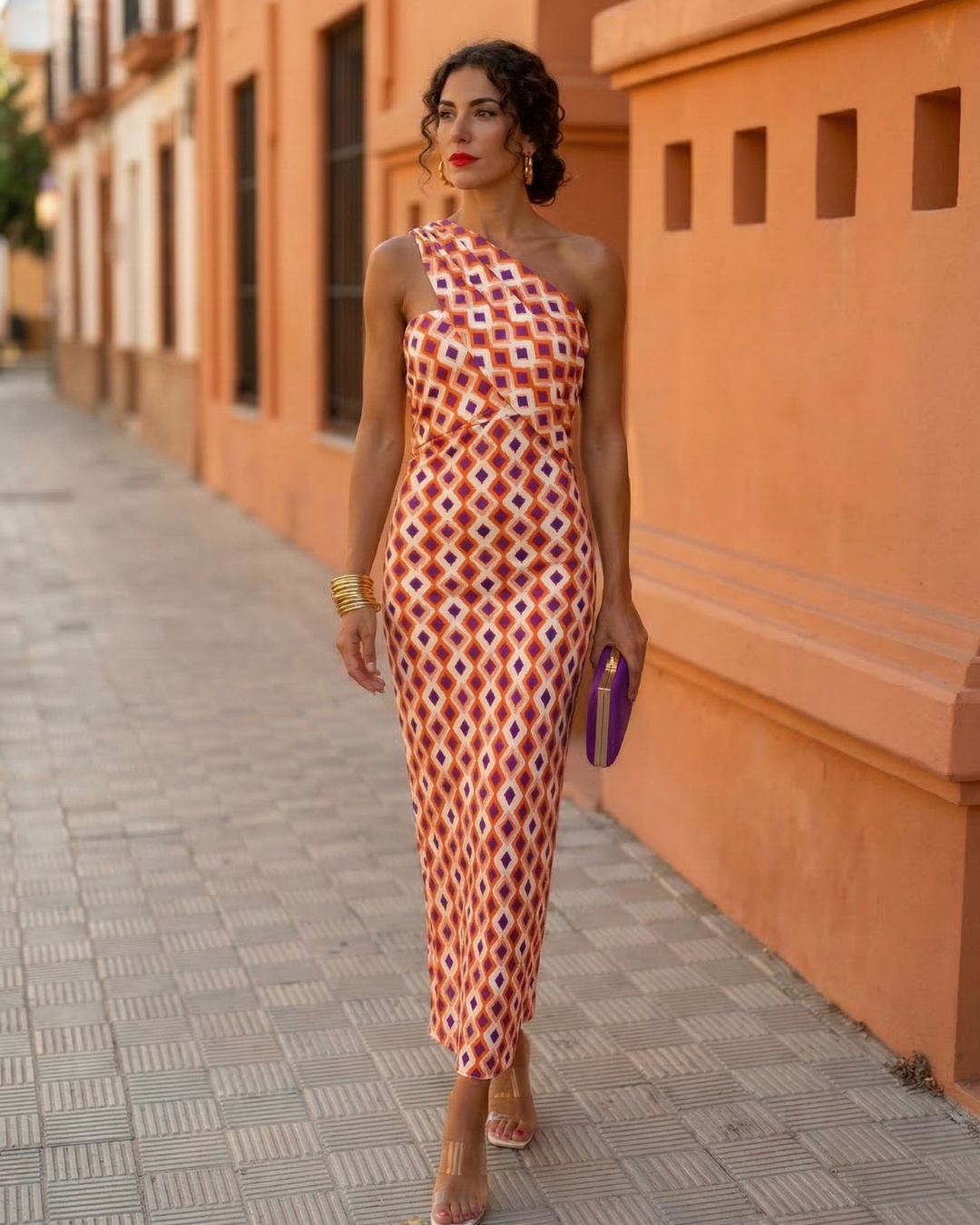 Marta | Vestido Midi Invitada Un Hombro Estampado
