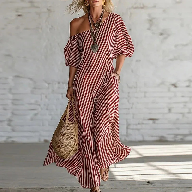 Rosa | Vestido Maxi Rayas Mujer Hombro Descubierto