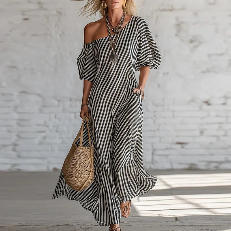 Rosa | Vestido Maxi Rayas Mujer Hombro Descubierto