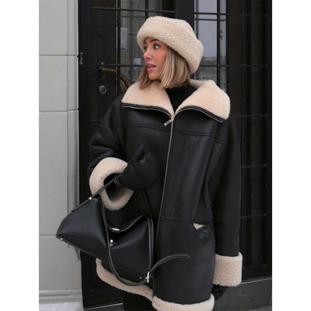 Cristina | Abrigo Shearling Negro Mujer Cuello Cremallera