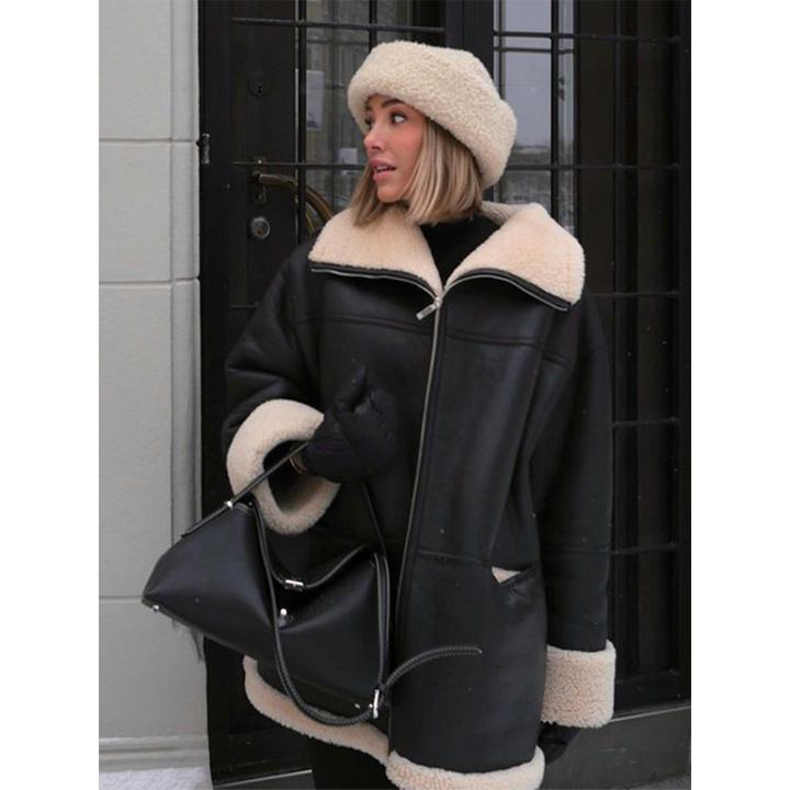 Cristina | Abrigo Shearling Negro Mujer Cuello Cremallera