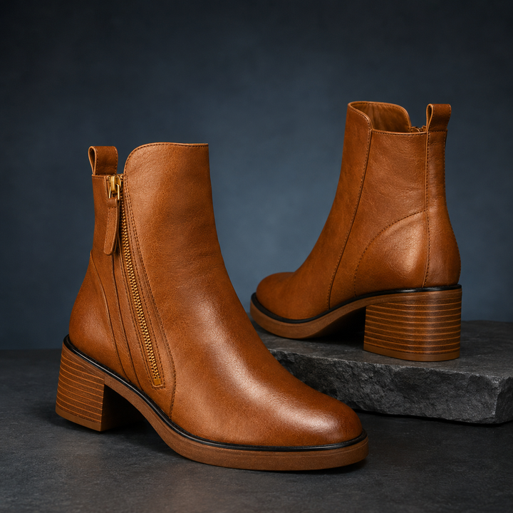 Leila | Botines Mujer Cuero Marrón Tacón Plataforma Cremallera