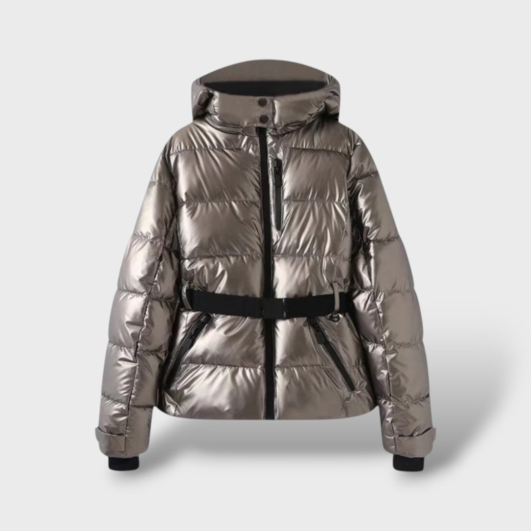 María | Chaqueta Acolchada Capucha Cinturón Estampado Geométrico