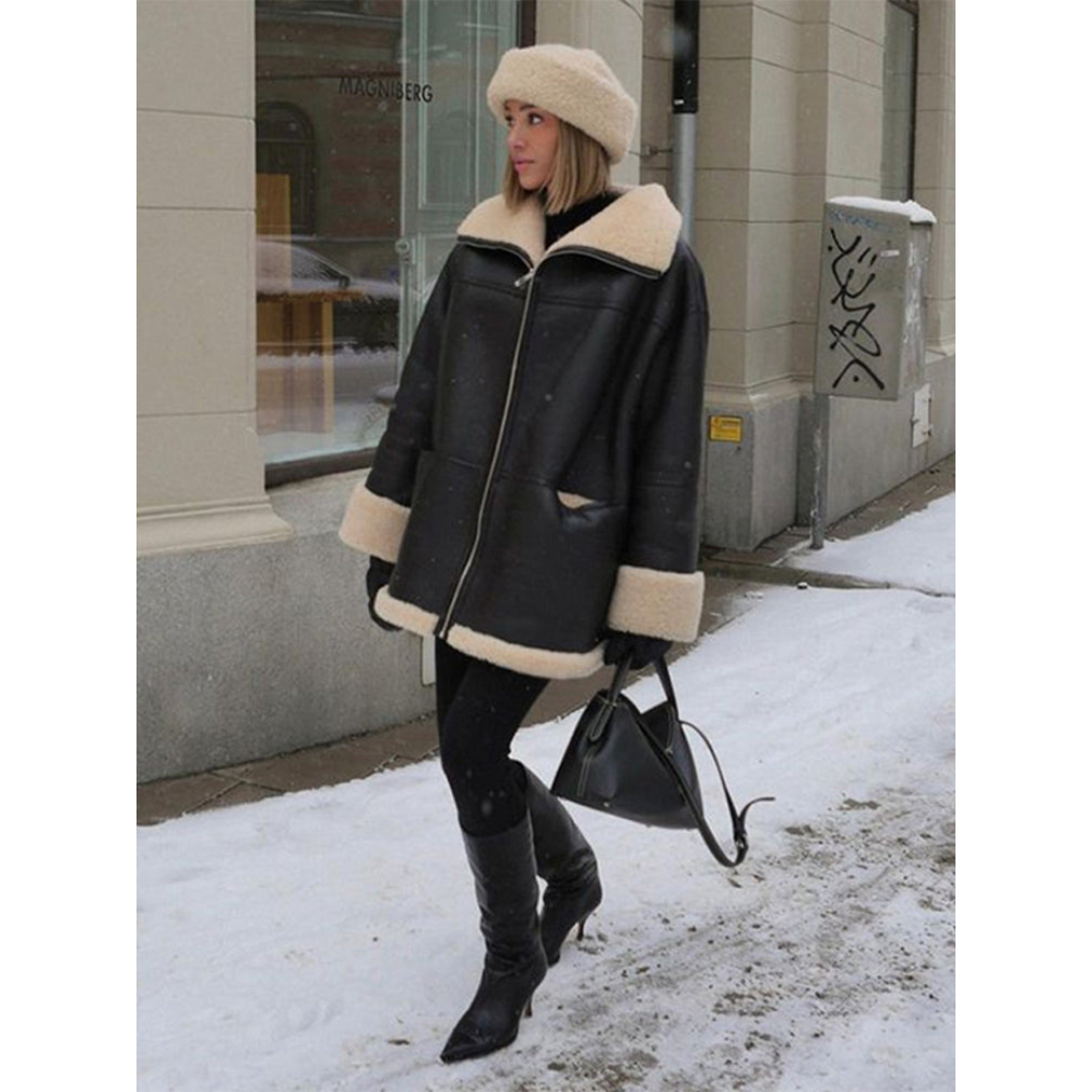 Cristina | Abrigo Shearling Negro Mujer Cuello Cremallera