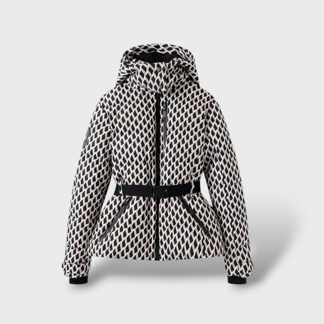 María | Chaqueta Acolchada Capucha Cinturón Estampado Geométrico