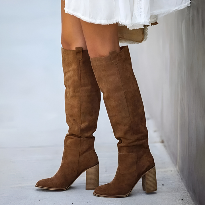 Ana | Botas Altas Gamuza Gris Tacón Ancho