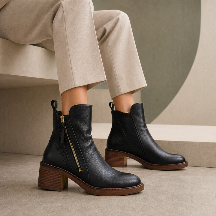 Leila | Botines Mujer Cuero Marrón Tacón Plataforma Cremallera