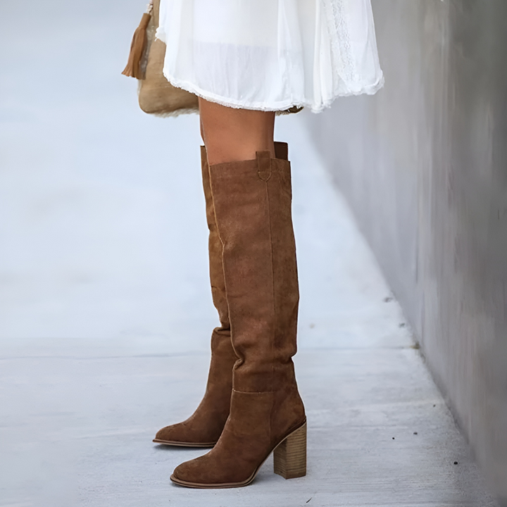 Ana | Botas Altas Gamuza Gris Tacón Ancho