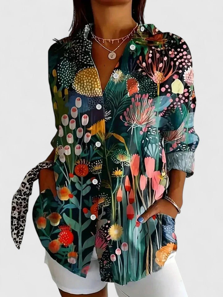 Alba | Camisa Estampada Manga Larga Cuello Solapa