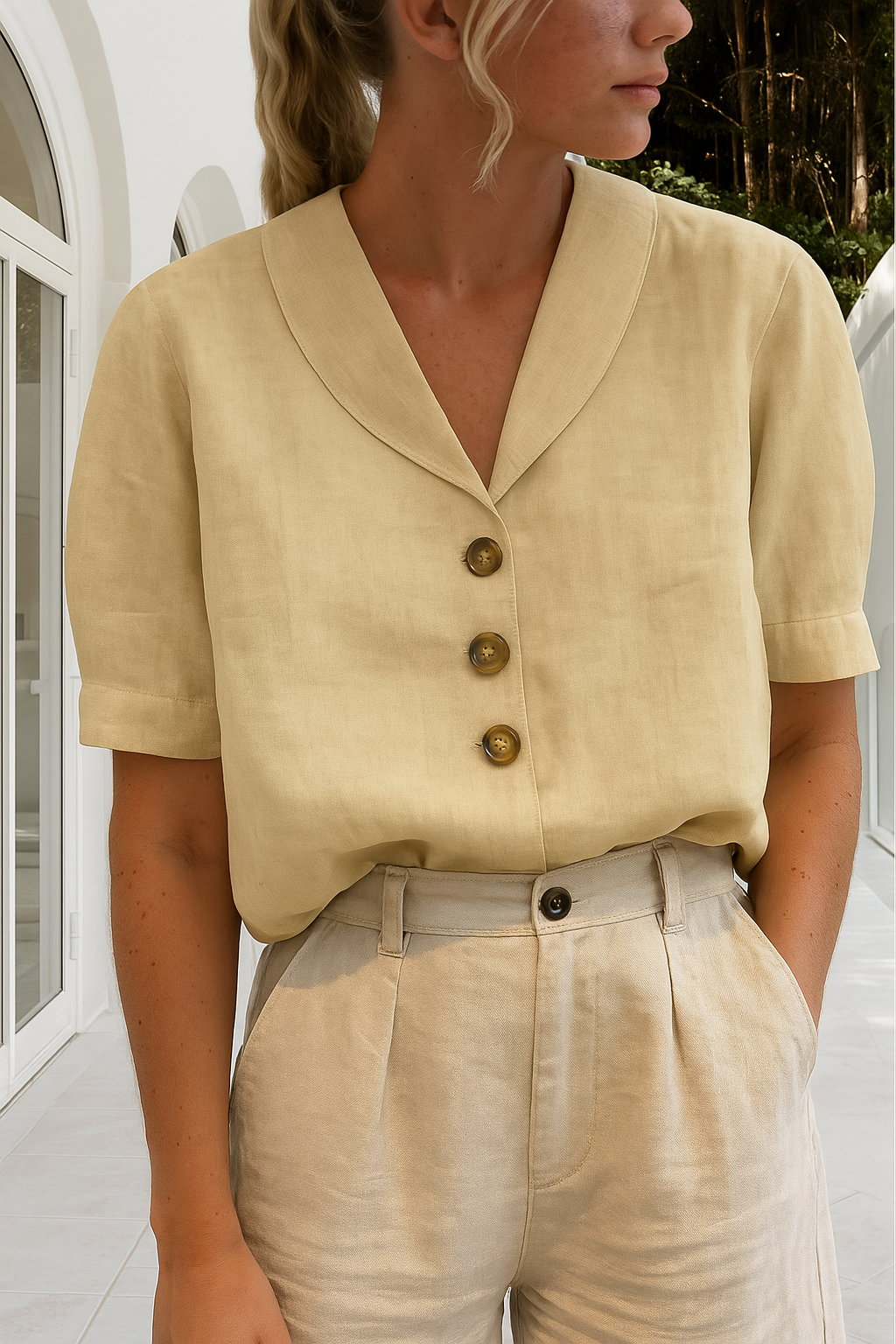 Alba | Camisa de Lino Manga Corta Cuello Solapas