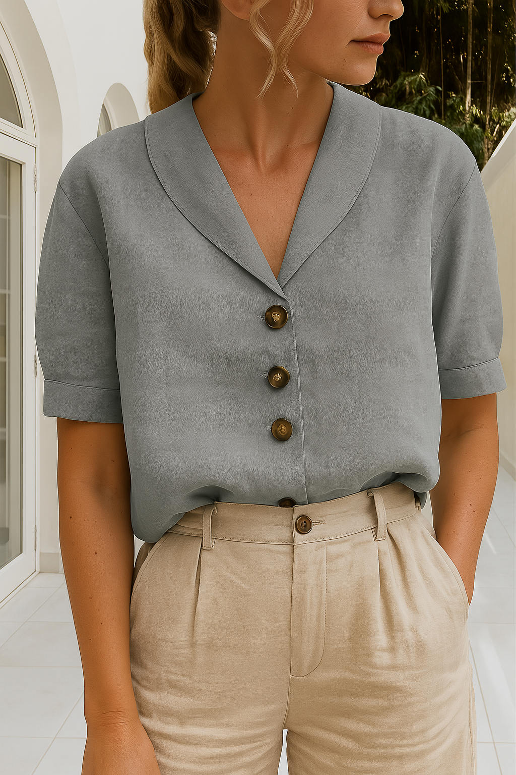 Alba | Camisa de Lino Manga Corta Cuello Solapas