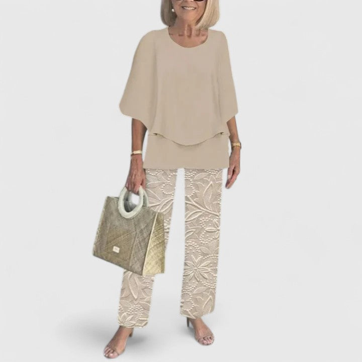 Alba | Conjunto Estampado Hojas Top Capas Pantalón Ancho