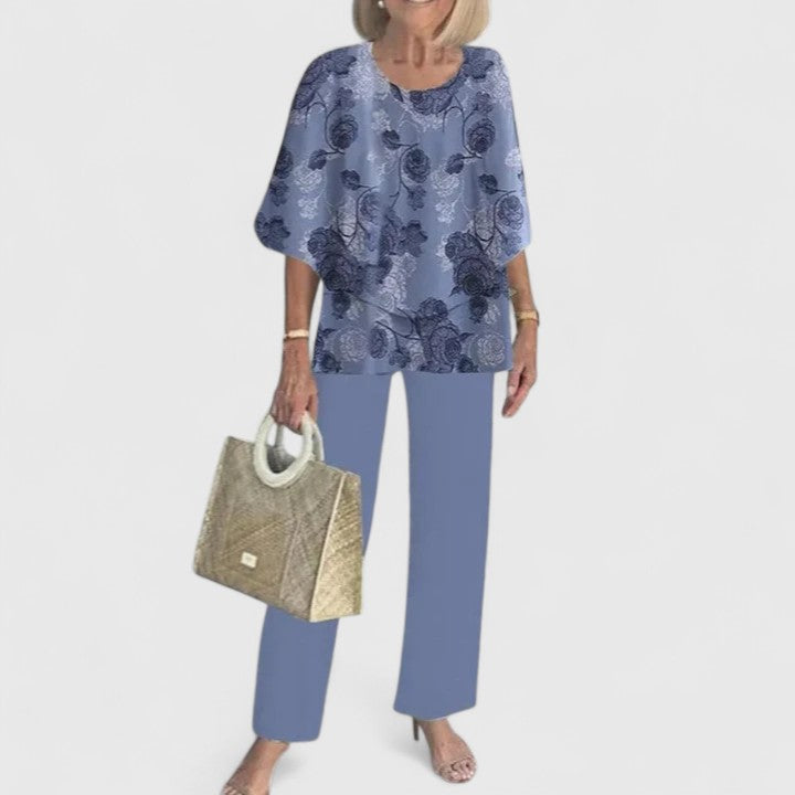 Alba | Conjunto Estampado Hojas Top Capas Pantalón Ancho