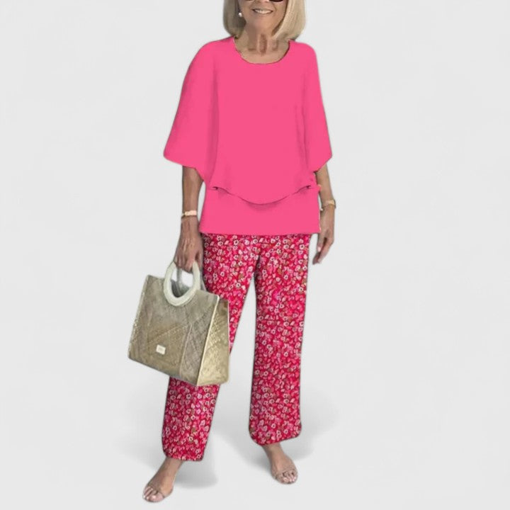 Alba | Conjunto Estampado Hojas Top Capas Pantalón Ancho