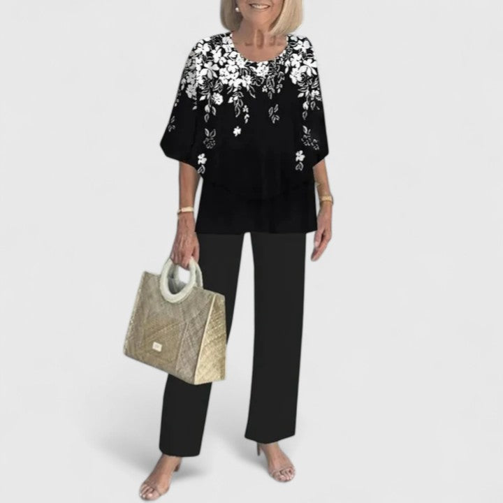 Alba | Conjunto Estampado Hojas Top Capas Pantalón Ancho