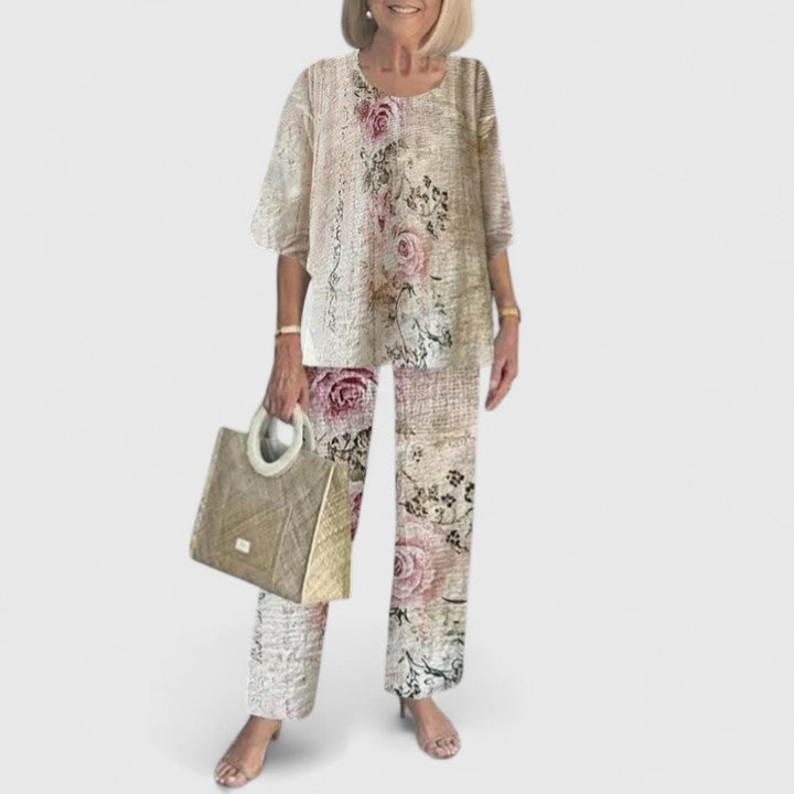 Alba | Conjunto Estampado Hojas Top Capas Pantalón Ancho