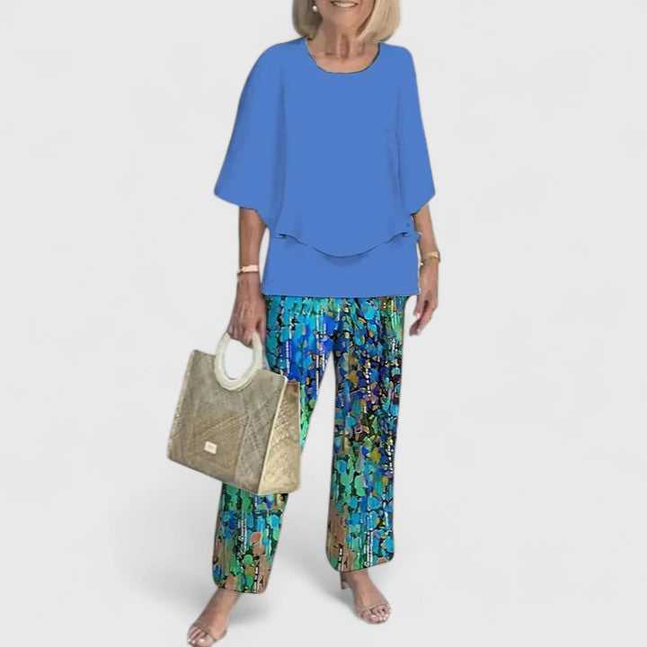 Alba | Conjunto Estampado Hojas Top Capas Pantalón Ancho
