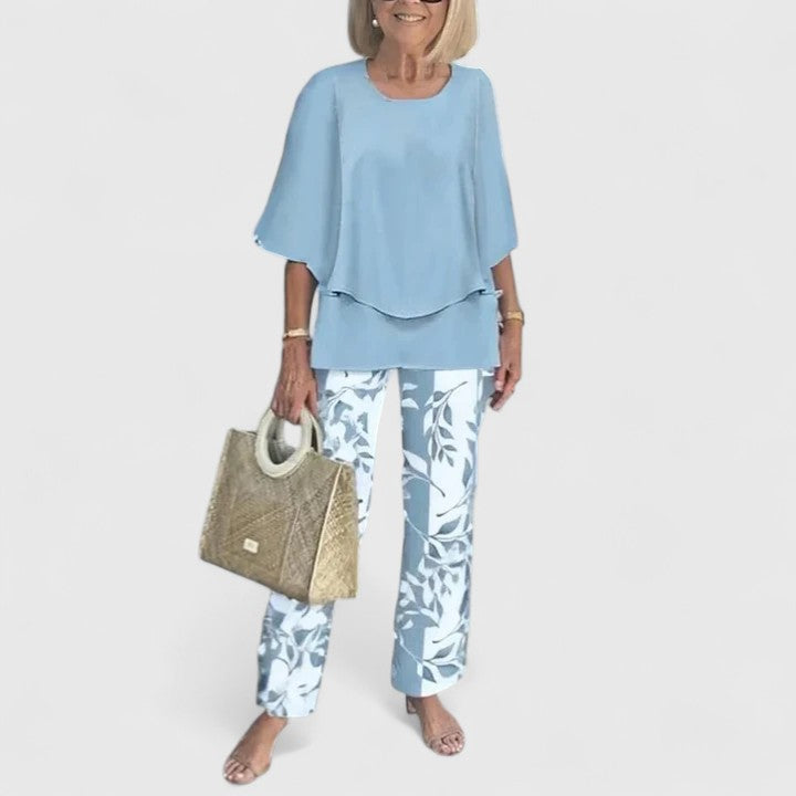 Alba | Conjunto Estampado Hojas Top Capas Pantalón Ancho