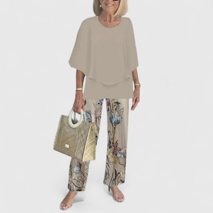 Alba | Conjunto Estampado Hojas Top Capas Pantalón Ancho