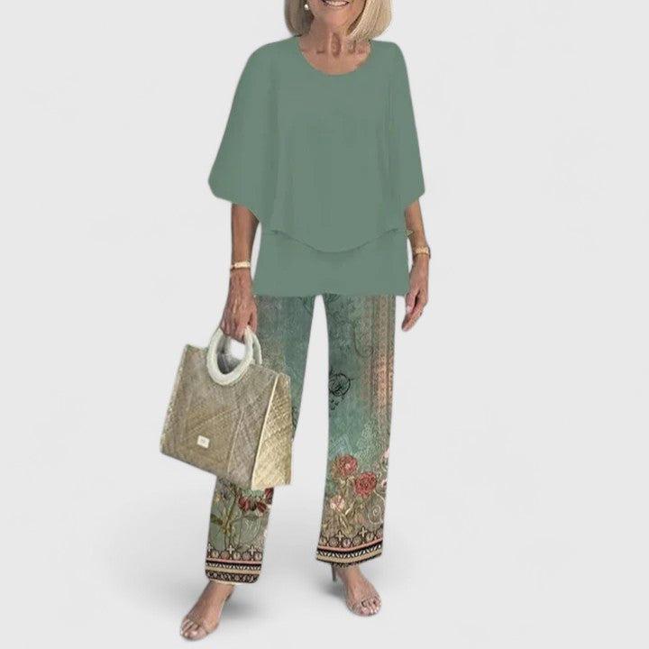 Alba | Conjunto Estampado Hojas Top Capas Pantalón Ancho