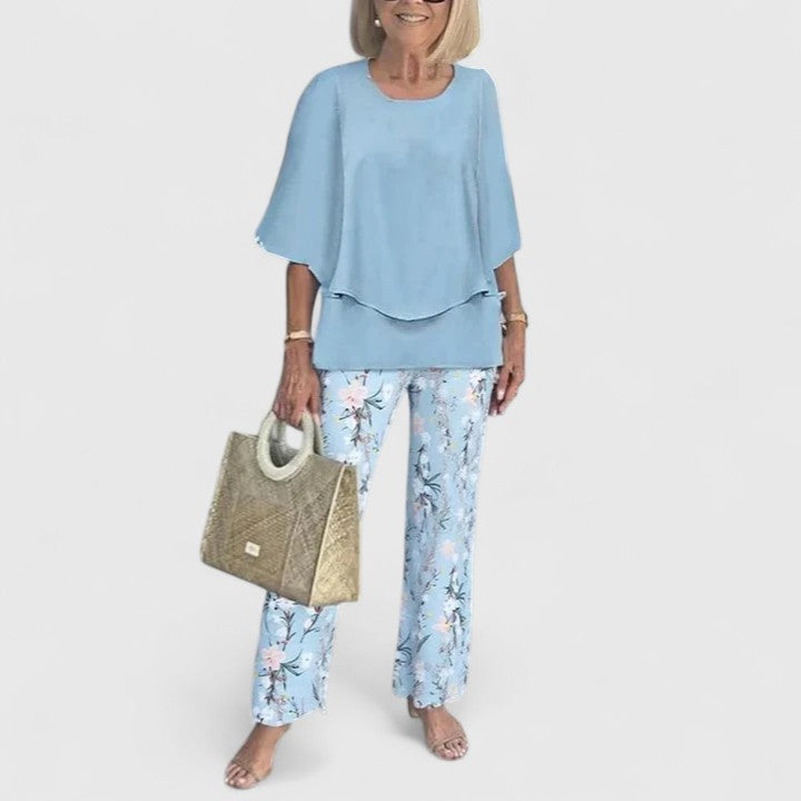 Alba | Conjunto Estampado Hojas Top Capas Pantalón Ancho