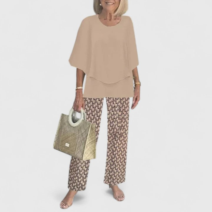 Alba | Conjunto Estampado Hojas Top Capas Pantalón Ancho