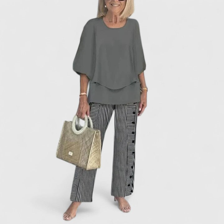 Alba | Conjunto Estampado Hojas Top Capas Pantalón Ancho