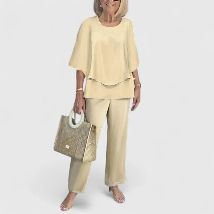 Alba | Conjunto Estampado Hojas Top Capas Pantalón Ancho