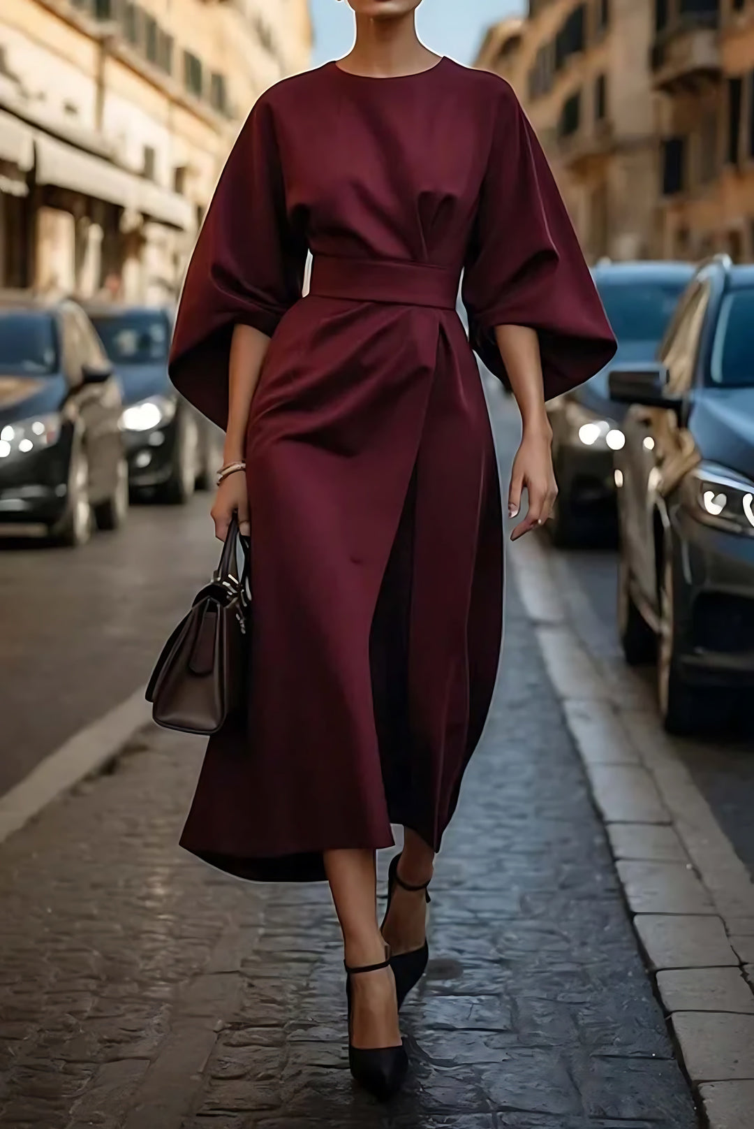 Alba | Vestido Midi Wrap Manga Ancha Cinturón