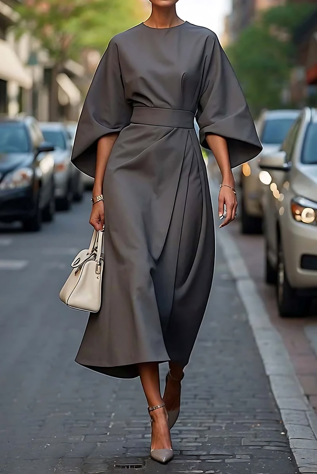 Alba | Vestido Midi Wrap Manga Ancha Cinturón