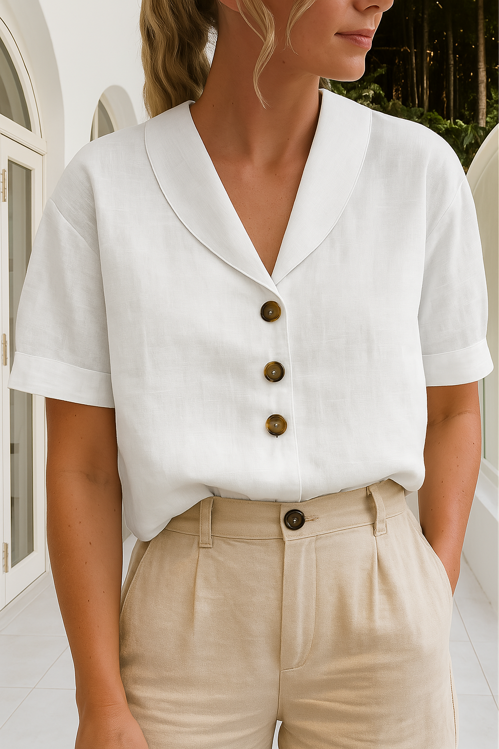 Alejandra | Blusa Mujer Lino Botones Cuello Solapa