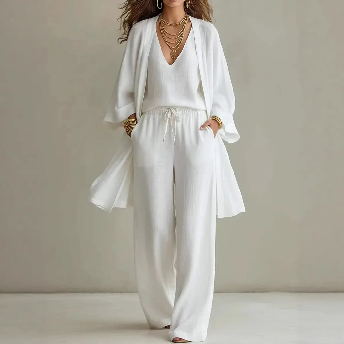 Alejandra | Conjunto Pantalón Blanco Mujer Kimono