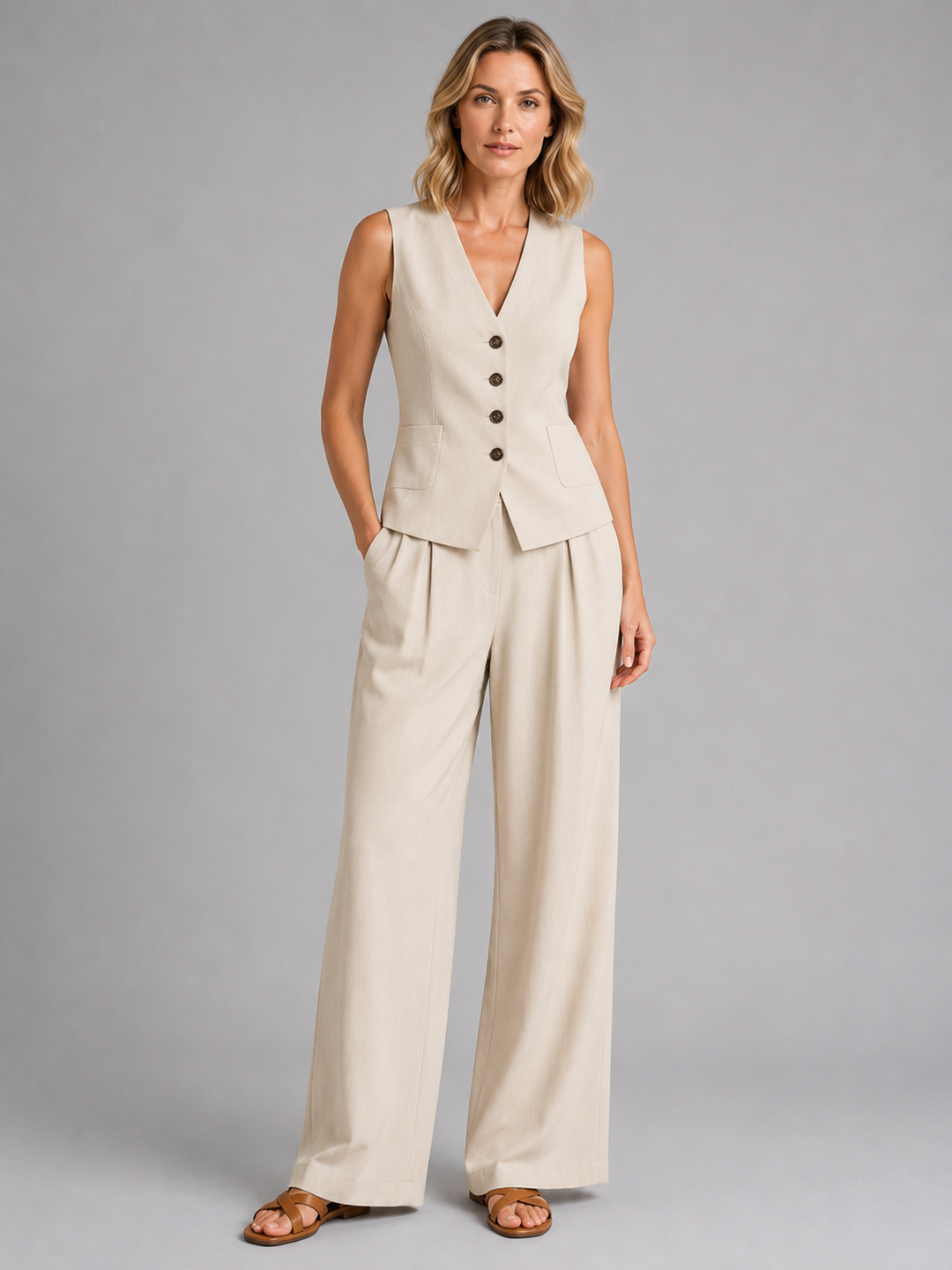 Alejandra | Conjunto Punto Mujer Chaleco Pantalón Ancho Plisado