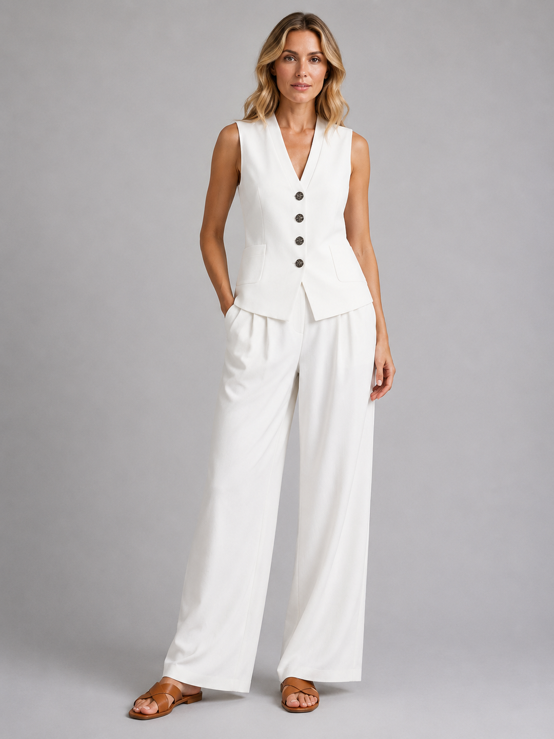 Alejandra | Conjunto Punto Mujer Chaleco Pantalón Ancho Plisado
