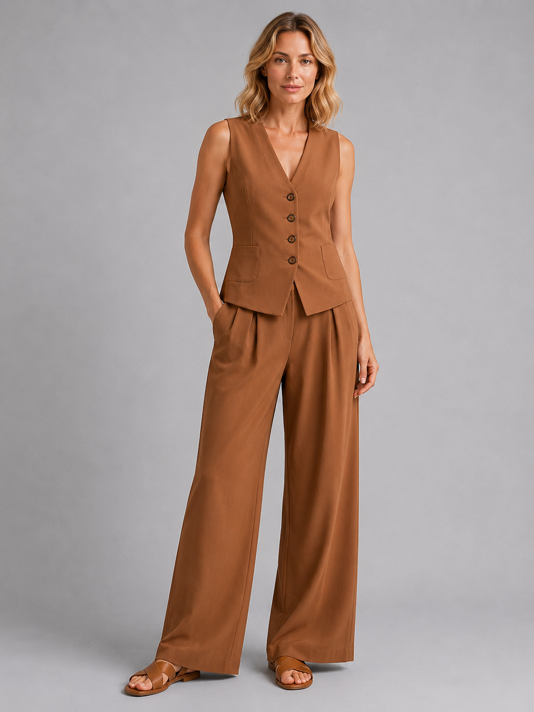 Alejandra | Conjunto Punto Mujer Chaleco Pantalón Ancho Plisado