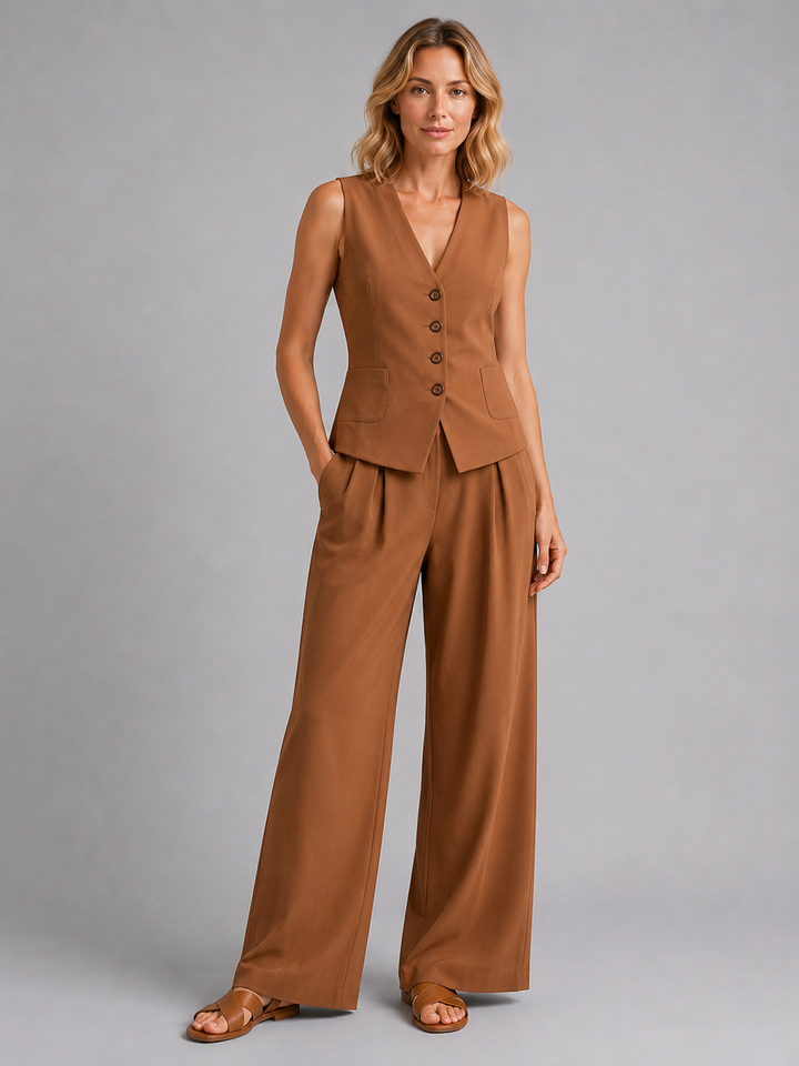 Alejandra | Conjunto Punto Mujer Chaleco Pantalón Ancho Plisado