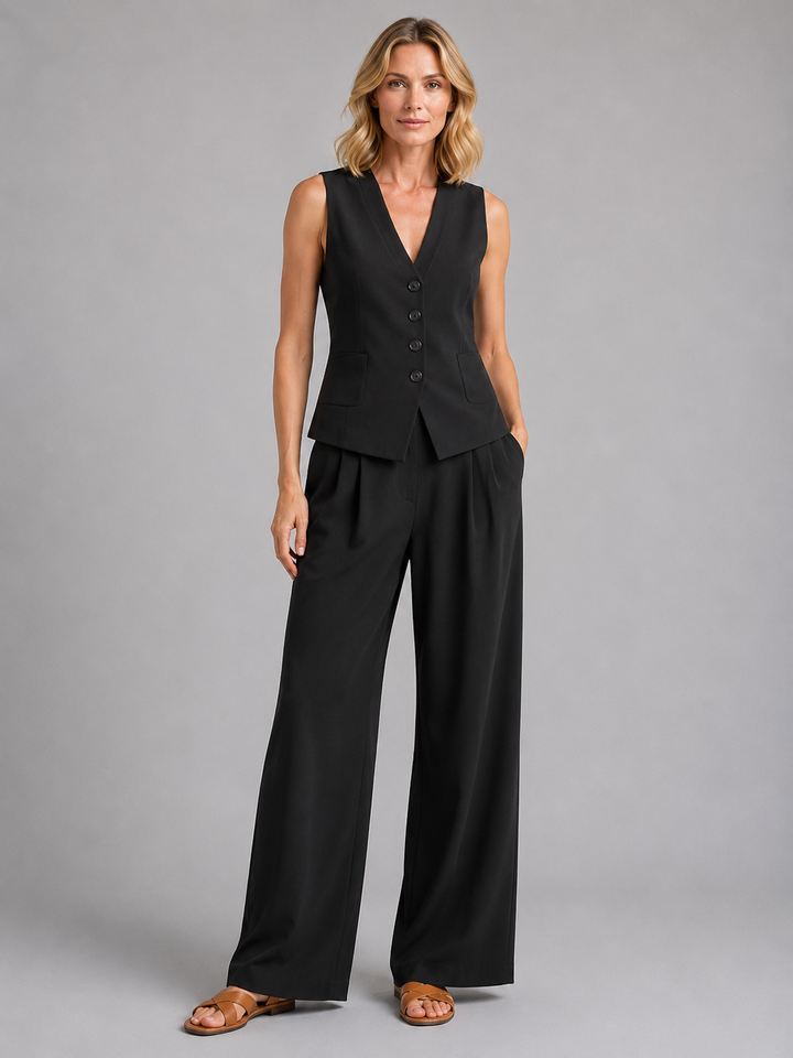 Alejandra | Conjunto Punto Mujer Chaleco Pantalón Ancho Plisado