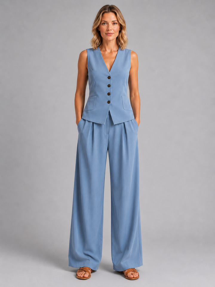 Alejandra | Conjunto Punto Mujer Chaleco Pantalón Ancho Plisado