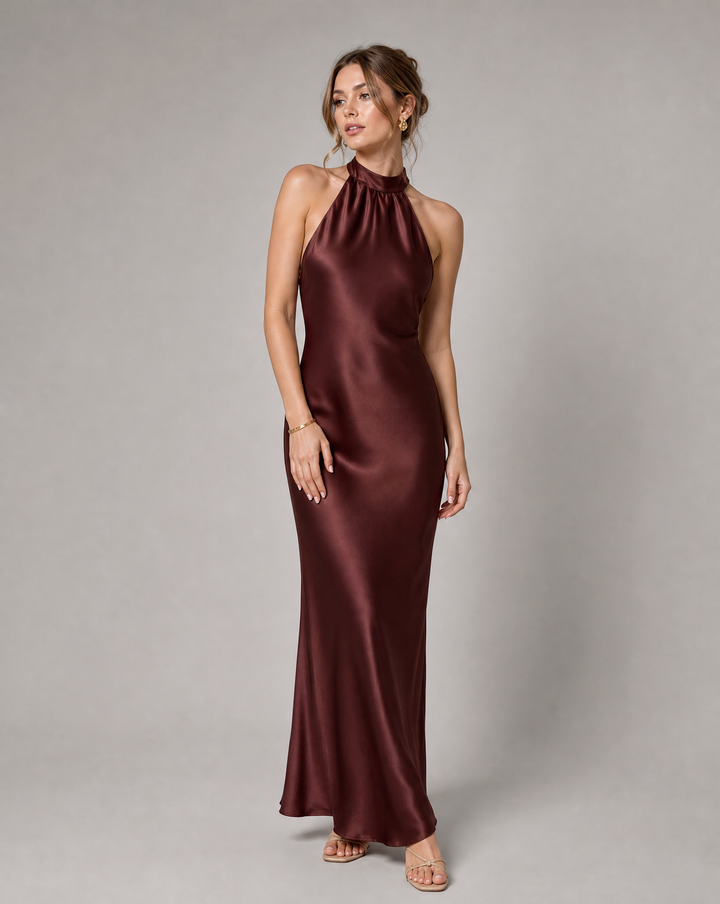 Alejandra | Vestido Invitada Boda Halter Satinado Espalda Descubierta