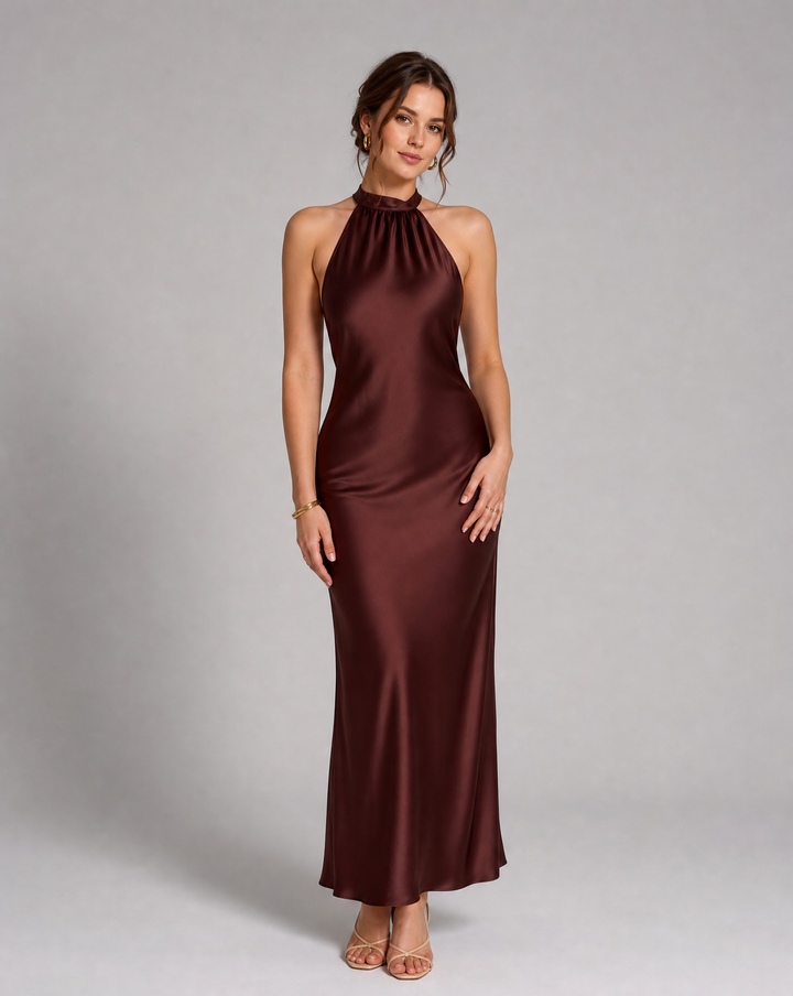 Alejandra | Vestido Invitada Boda Halter Satinado Espalda Descubierta