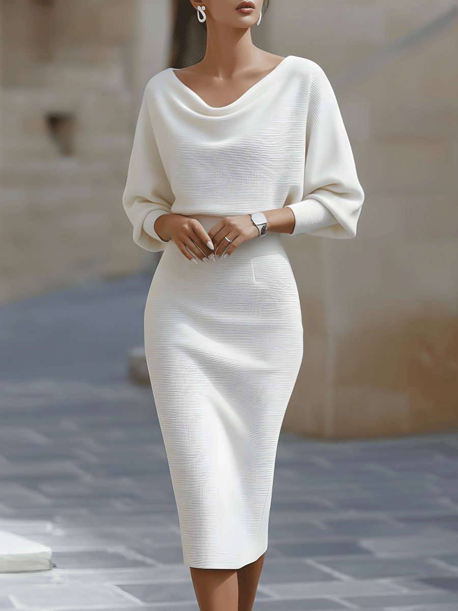 Alejandra | Vestido Midi Blanco Manga Murciélago Mujer
