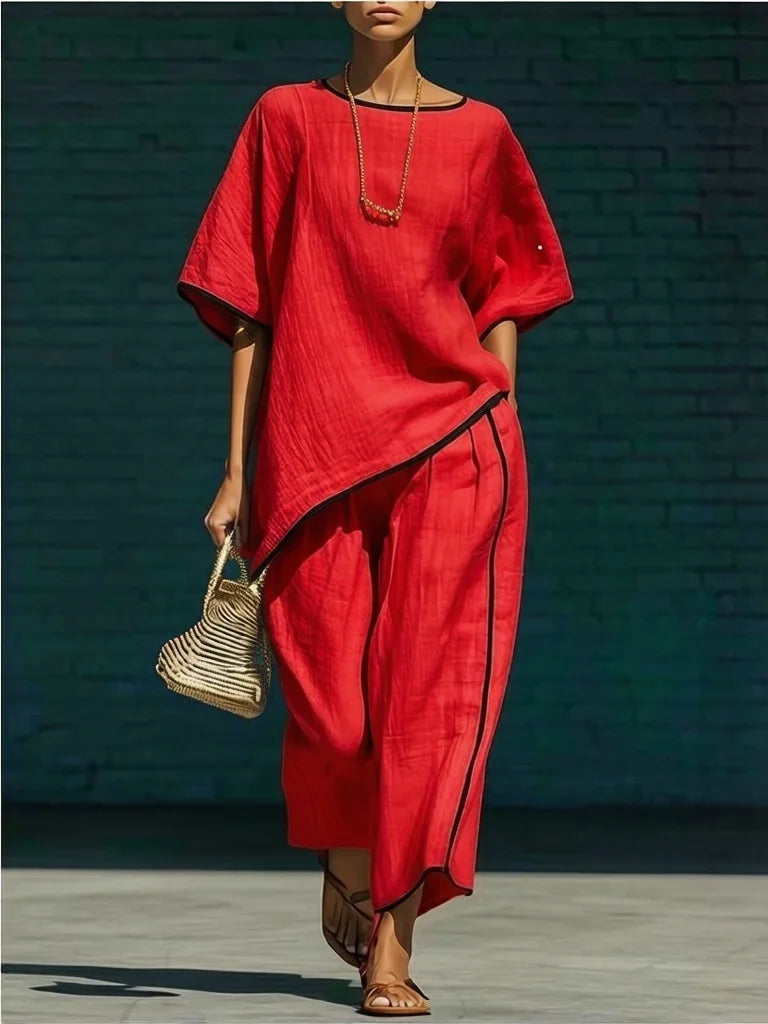 Amelia | Conjunto de Top Manga Corta Asimétrico y Pantalón Ancho