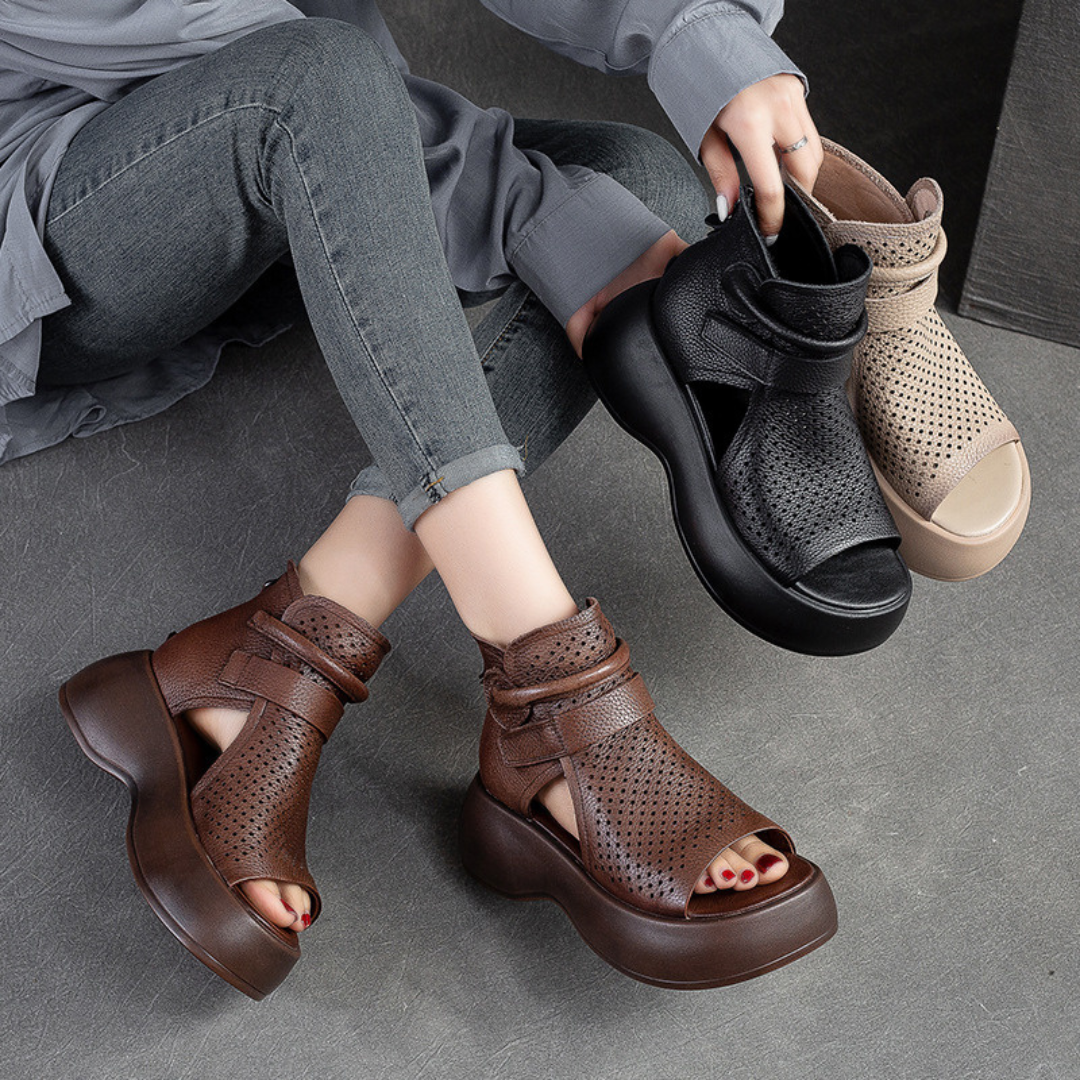 Amelia | Sandalias Plataforma Piel Perforadas Tobilleras Mujer