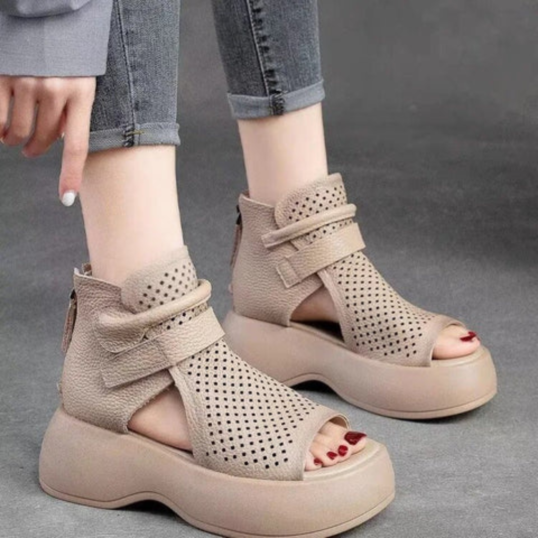 Amelia | Sandalias Plataforma Piel Perforadas Tobilleras Mujer